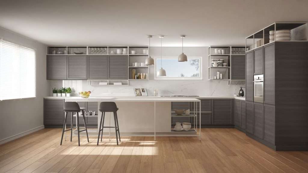 Modern white and gray kitchen with wooden details and parquet fl Gallery - 3